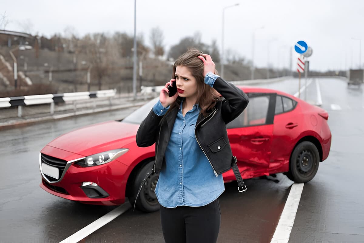 Women calling for assistance beside a red car